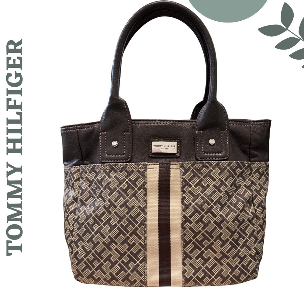 TOMMY HILFIGER SIGNATURE MONOGRAM MINI TOTE BAG — BROWN CANVAS & VEGAN LEATHER